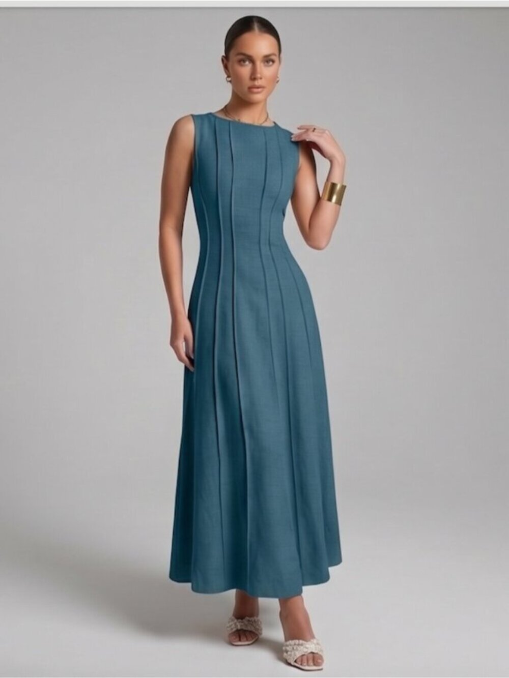 Split Pleated Waist A-Line Dress Blue